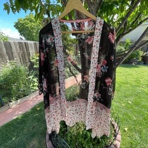 Floral Tassel Sheer Open Front Kimono Cardigan